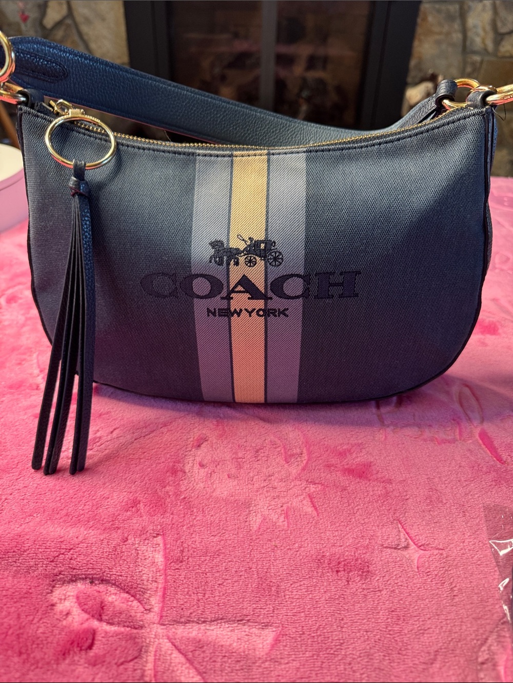 Coach Canvas Stripe Navy Pebbled Leather Crossbody Satchel — J1922‑69647 - Picture 3 of 13